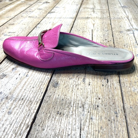 Stubbs & Wootton Pink Leather Mules Size 11 | Gold Accent Slip-On Loafers - Picture 8 of 11